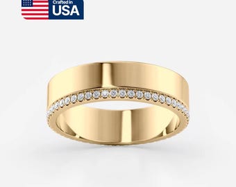 14k Gold Lab-Grown Diamond Wedding Band: Beaded Edge Channel