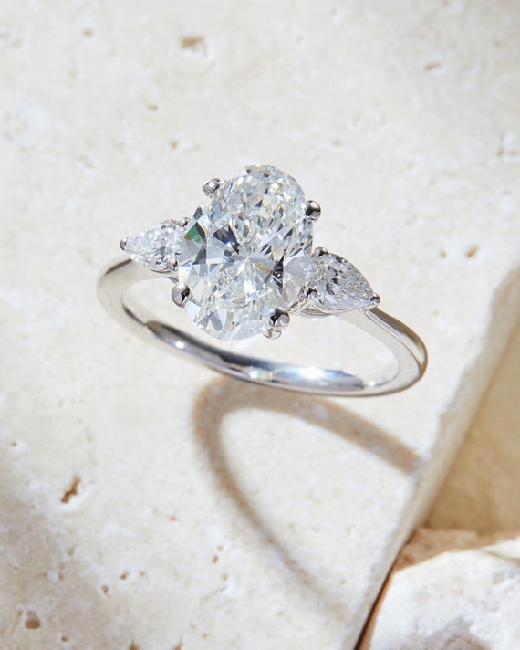 2ct Oval Lab Grown Diamond Engagement Ring: Three Stone 14k White Gold