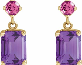 14K Yellow Gold Natural Amethyst & Natural Pink Tourmaline Dangle Earrings