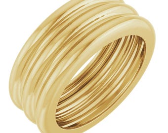 14K Yellow Gold 8 mm Lightweight Grooved Dome Stackable Ring