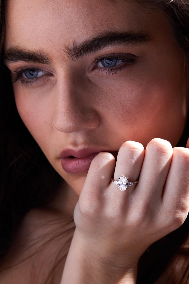 2.00 Carat Oval Shape Lab-Grown Diamond Engagement Ring with Side Pear Shape Stones in 14k Gold, F Color, VS1 Clarity, IGI Certified