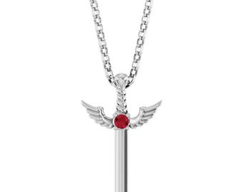 14K White Gold Natural Ruby Dagger 18" Necklace