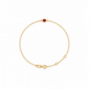 Natural Ruby Bezel Bracelet, Solid 14K Yellow Gold, 3 mm Round Red Gemstone, Dainty Solitaire, Adjustable 6.5–7.5 Inch Cable Chain