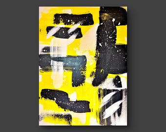 Modern Abstract Wall Art - Bold Neon Yellow Black Painting - 60x80 cm Canvas - Handmade Acrylic Artwork - Statement Piece for Yellow Decor