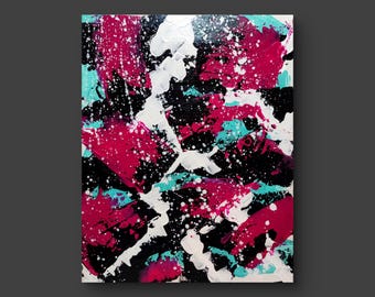 Modern Abstract Wall Art for Art Lovers - Bold Neon Pink Blue Black Painting - 40x50 cm Canvas - Handmade Acrylic Artwork Vibrant Pink Decor