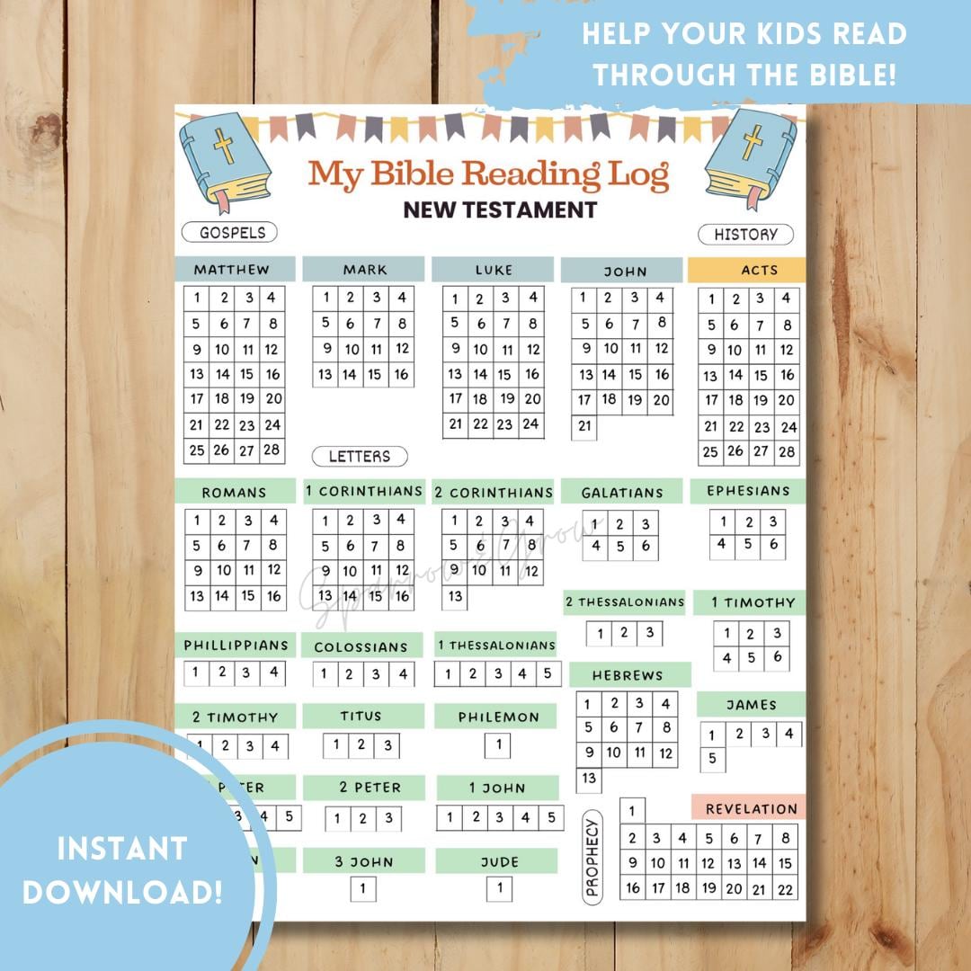 Bible Reading Tracker Kids, Daily Bible Study Planner, Christian Printables, Bible Plan for Kids, Bible Reading Log Kids, New Testament