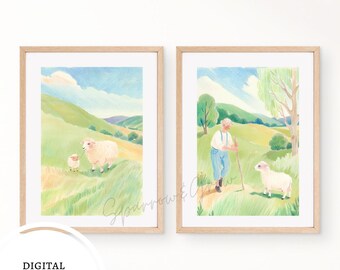Lámina de ovejas, arte mural infantil, decoración infantil, ilustración moderna, arte para sala de juegos, ilustración para niños, pastor y oveja, arte cristiano