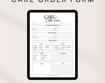 May include: A printable cake order form with sections for customer information, event details, cake details, and a sketch area. The form has a modern design with a black and white colour scheme.