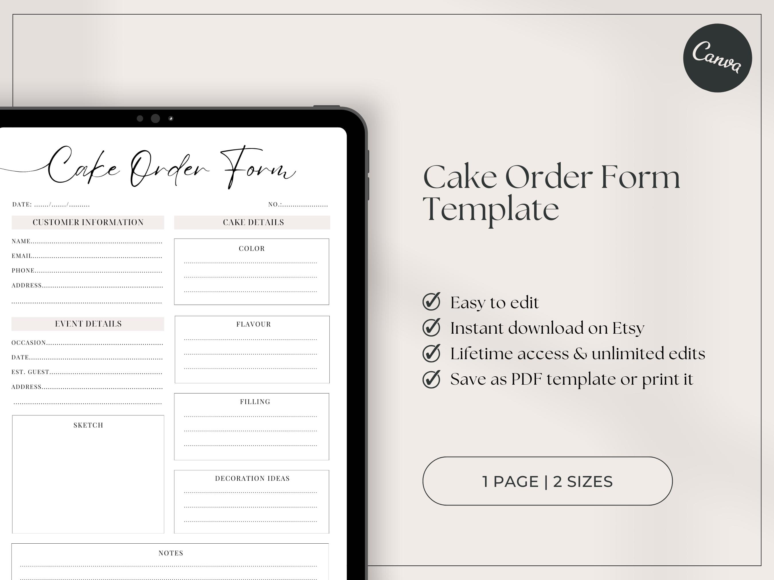 Editable Cake Order Form Template, Customizable Professional Bakery ...