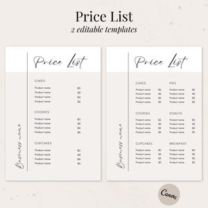 Preisliste Vorlage | Bearbeitbare Preisliste für kleine Unternehmen | Bäckerei Printable | Menü Bäcker | Kuchen Preisführer | Sofort Download