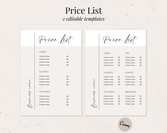 Price List Template | Editable Price List for Small Business | Bakery Printable | Bakery Menu | Cake Pricing Guide | Instant Download