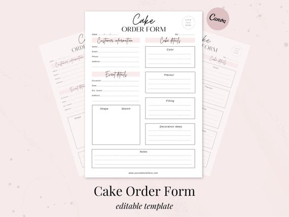 Cake Order Form | Bakery Business Forms | Pink Theme | Editable Canva Template |  Cookie Order Form | Bakery Printable | Instant Download
