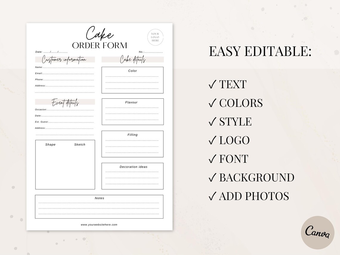 Cake Order Form Template | Bakery Business Forms | Editable Canva ...