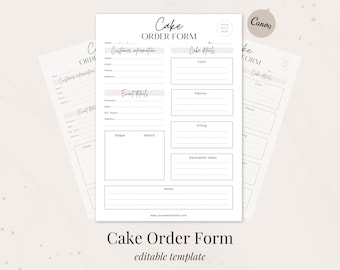 Puede incluir: Una plantilla de formulario de pedido de pastel imprimible con secciones para la información del cliente, los detalles del evento, los detalles del pastel y las notas. El formulario tiene un diseño simple y moderno con texto negro sobre fondo blanco.
