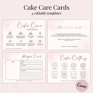 Lot de cartes d'entretien pour gâteaux de boulangerie modifiables, modèle d'instructions pour gâteau de mariage imprimable, guide d'entretien numérique pour gâteaux