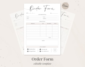 May include: A stack of light beige order forms with a minimalist design. The forms feature sections for customer details, order details, and notes. The words "Order Form" are written in elegant script. The bottom of the form includes social media icons and contact information.