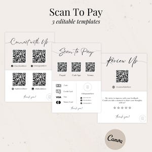 May include: Three printable scan to pay templates for businesses. The first template says "Connect with Us" and has two QR codes. The second template says "Scan to Pay" and has three QR codes for different payment methods. The third template says "Review Us" and has a QR code and a five-star rating system.