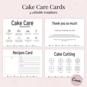 Lot de cartes d'entretien pour gâteaux de boulangerie modifiables, modèle d'instructions pour gâteau de mariage imprimable, guide d'entretien numérique pour gâteaux