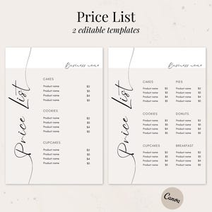 Preisliste Vorlage | Bearbeitbare Preisliste für kleine Unternehmen | Bäckerei Printable | Menü Bäcker | Kuchen Preisführer | Sofort Download