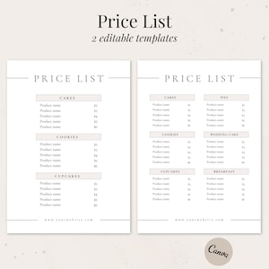 Preisliste Vorlage | Bearbeitbare Preisliste für kleine Unternehmen | Bäckerei Printable | Menü Bäcker | Kuchen Preisführer | Sofort Download