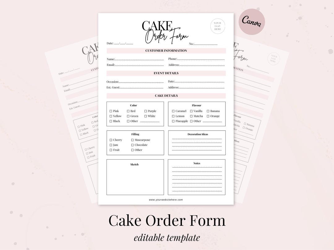 Cake Order Form | Bakery Business Forms | Pink Theme | Editable Canva ...