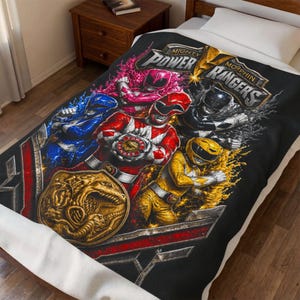 Mighty Morphin Power Rangers Fan Art Graphic Velveteen Plush Blanket | Red Blue Pink Yellow Black Rangers image 3