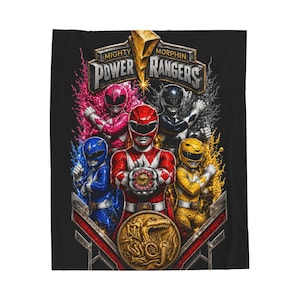 Mighty Morphin Power Rangers Fan Art Graphic Velveteen Plush Blanket | Red Blue Pink Yellow Black Rangers image 1
