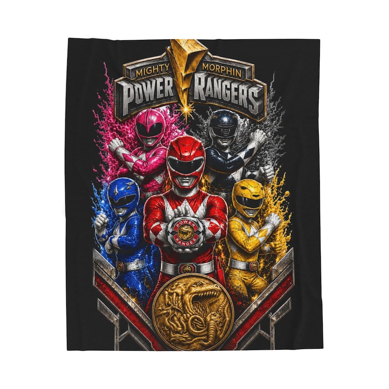 Mighty Morphin Power Rangers Fan Art Graphic Velveteen Plush Blanket | Red Blue Pink Yellow Black Rangers image 1