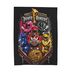 Mighty Morphin Power Rangers Fan Art Graphic Velveteen Plush Blanket | Red Blue Pink Yellow Black Rangers image 2