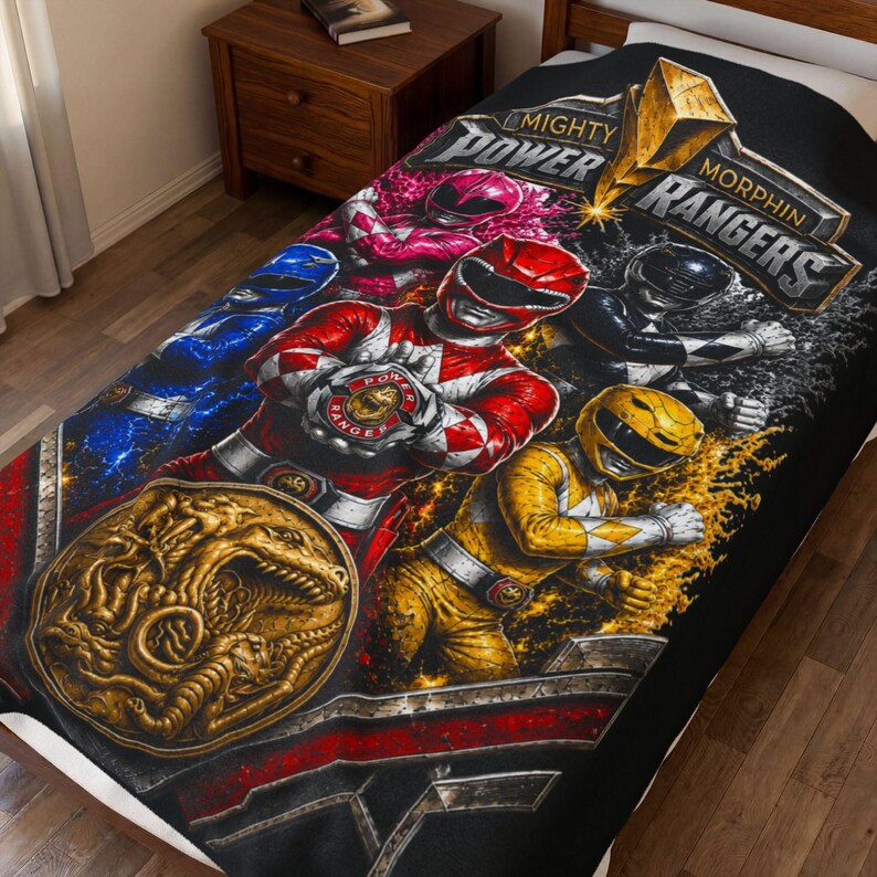 Mighty Morphin Power Rangers Fan Art Graphic Velveteen Plush Blanket | Red Blue Pink Yellow Black Rangers image 4