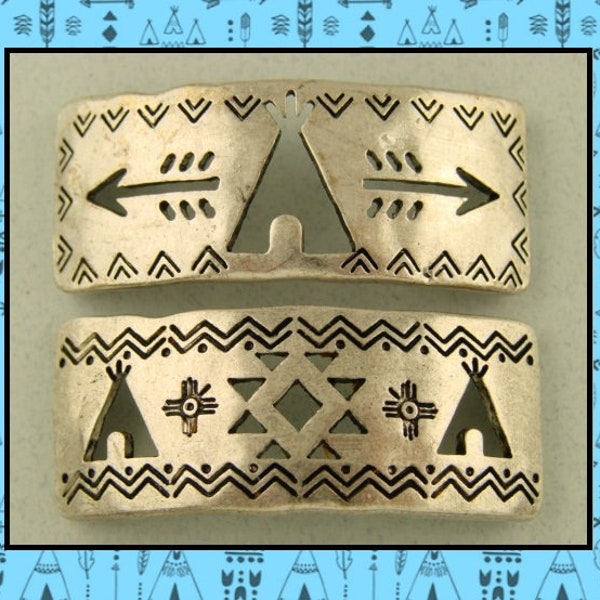 2 Hole Beads "Teepee" Arrow Aztec Southwest Pattern Bars Silver Metal Sliders Jewelry Design Bracelet Cuff Watch Band QTY 2 (SKU 602655643)