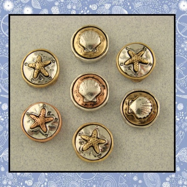 2 Hole Beads Seashells Scallop Starfish Ocean SEA Beach 3T Metal ~ Jewelry Bracelet Watch Necklace Ring Sliders QTY 7   (SKU 516298358)