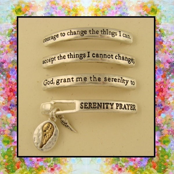 Serenity Prayer Beads Engraved Bangle Bars + 2 Wing Charms Silver 2 Hole Sliders Jewelry Design Bracelet Watch Band QTY 4 (SKU 1073710372)