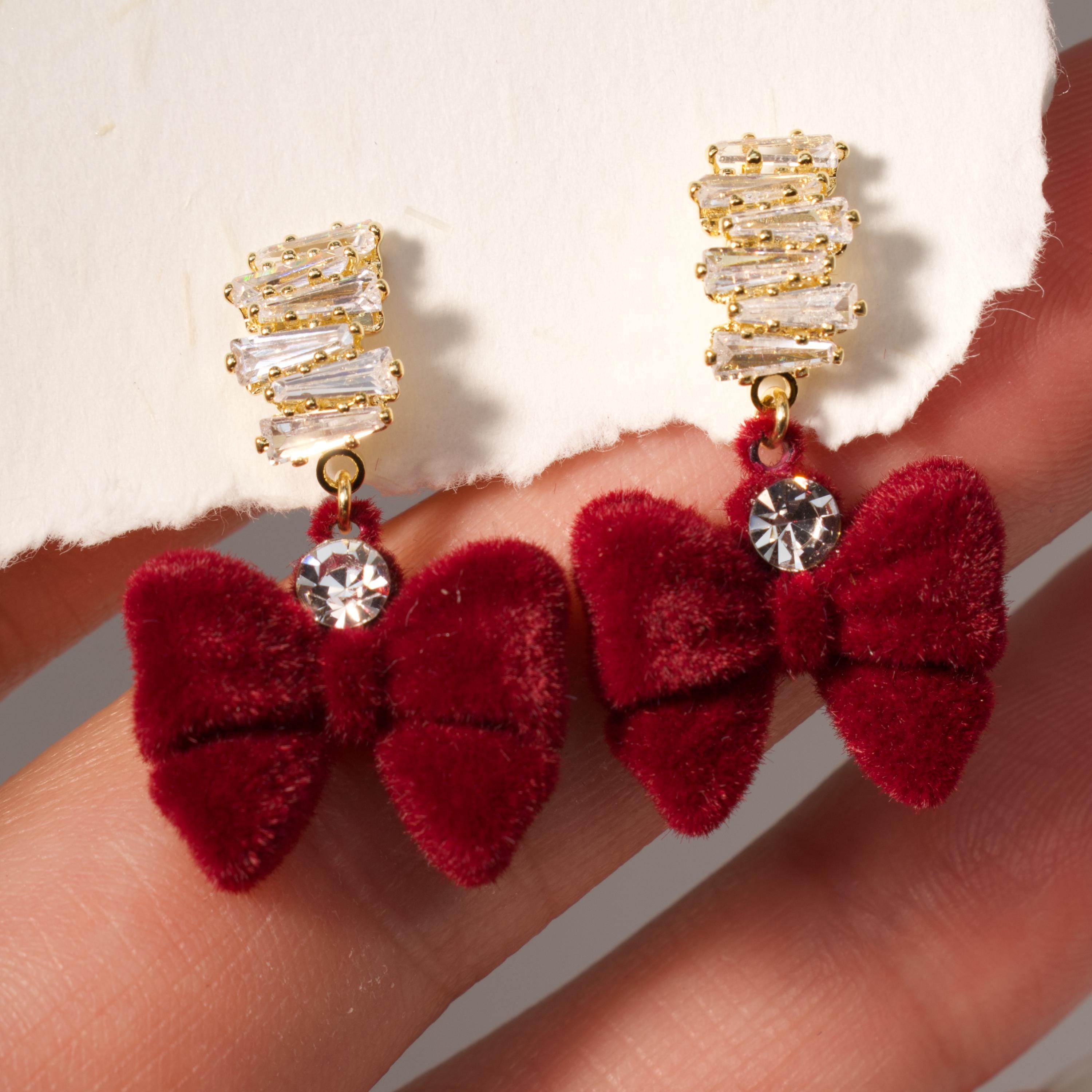Orecchini pendenti con fiocco in velluto rosso alla moda per