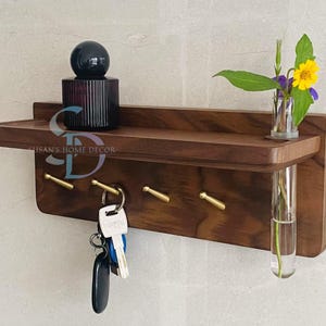 Wandregal aus Nussbaumholz mit Haken, Regal mit Reagenzglas-Übertopf, Floating-Entry-Organizer, Schlüsselhalter mit Regal, an der Wand befestigtes Regal