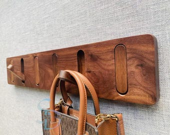 Handcrafted Walnut Wall Hook Rack with Hidden Retractable Hooks – Minimalist Design, Space-Saving Storage, Custom Sizes Available