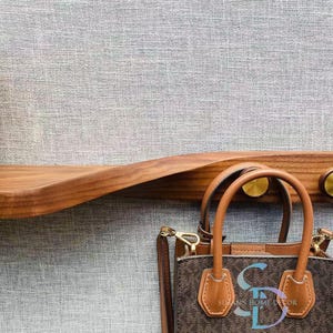 Handcrafted Walnut Wall Hook Rack with Floating Shelf – Distorted Design with Brass & Walnut Hooks – 60cm and 80cm Sizes, modern decor