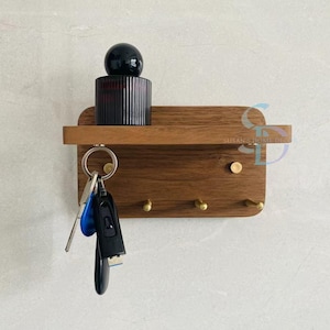 Modern Wood Key Rack with shelf, magnet key holder, Walnut Key Holder With Brass Hooks, Entryway Organizer, Key Hooks, Key Hanger