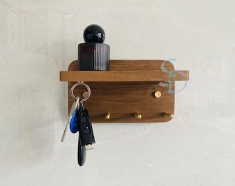 Walnut Key Rack with Shelf: Magnetic Key Holder & Brass Hooks