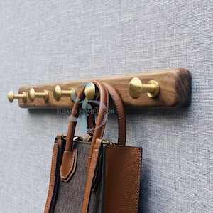 Solid Walnut Shaker Peg Rail, Brass Old Vintage Style Coat Peg Rack Handmade Country Cottage Wooden Quality British 3-8 Pegs, housewarming