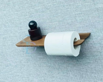 ミニマリストなウォールナットのトイレットペーパーホルダー（棚付き）：壁掛け木製ラック