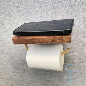 Porta fazzoletti da parete in legno di noce con ripiano / Porta rotolo di carta igienica / Ganci dorati e opzione di design da incasso / Casa ecologica