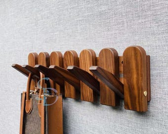 Solid Wood Piano Coat Rack: Flip Down Wall Hooks, Entryway Organizer