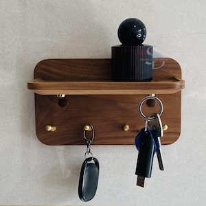 Modern Wood Key Rack with shelf, magnet key holder, Walnut Key Holder With Brass Hooks, Entryway Organizer, Key Hooks, Key Hanger