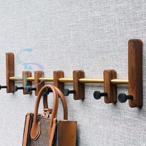 Solid Wood Slide Wall Coat Rack with Adjustable Hooks, Minimalist Wall Hanger, Walnut Coat Rack, Wall Mounted Organizer, wooden coat rack