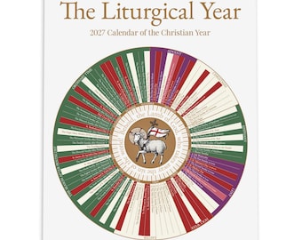 Può includere: Un calendario da parete intitolato The Liturgical Year 2027 Calendar of the Christian Year. Presenta un grande grafico circolare con segmenti colorati che rappresentano stagioni come Avvento, Natale e Quaresima, centrato su un'illustrazione di un agnello.