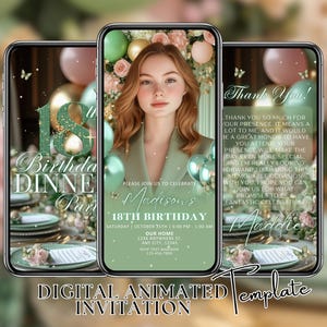 18th Birthday Invitation, Sage Green Invite, Girl Party Favors, Birthday Dinner Invitation, Animated Birthday Invitation, Birthday Evite
