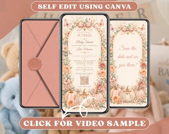 Blush Pink Little Pumpkin Baby Shower Invitation Digital, Floral Fall Butterfly Autumn Party Online Invite, Animated Mobile Video Evite