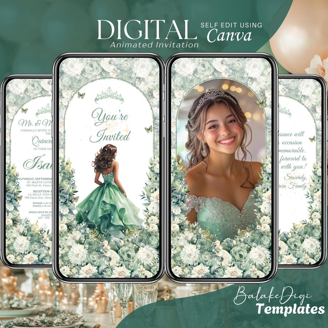Sage Green Quinceanera Invitation Digital: Animated Mis XV Template, 15 ...