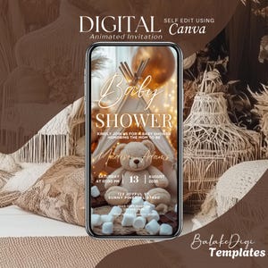 Gender Neutral Bear Baby Shower Invitation, Rustic Brown Boho Teddy Bear Invite, Animated Mobile Video Digital Evite Editable Canva Template